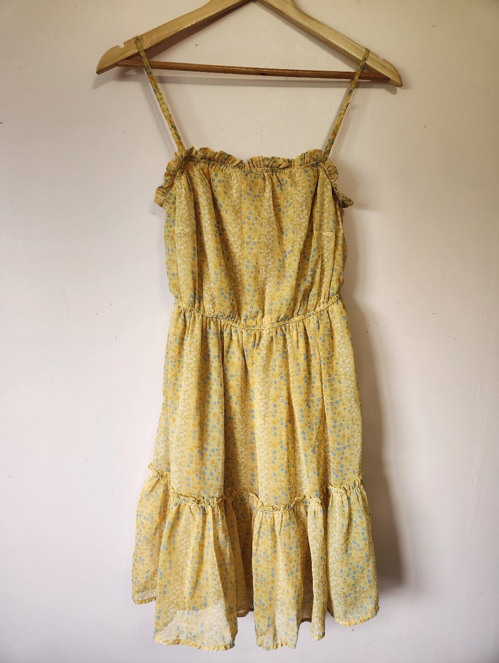 Japna Yellow Ditsy Floral Smocked Ruffle Tiered Mini Dress Cottagecore Size M